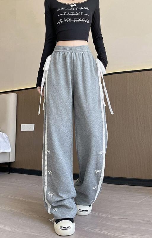 Elastic Waist Bow Embroidered Lace Panel Loose Fit Sweatpants (Various Designs) Product Image