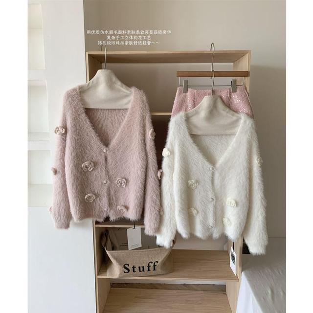 V-Neck Floral Detail Fluffy Button Cardigan Product Image