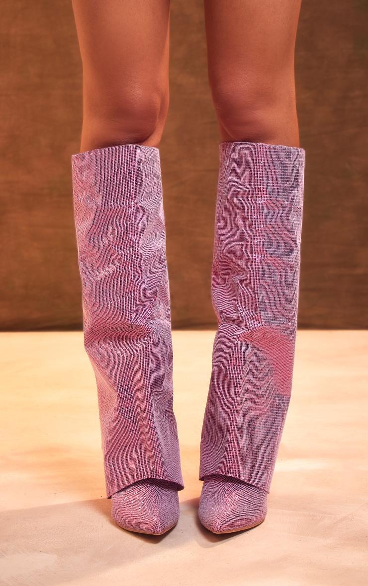 Pink Diamante Point Toe Fold Over Wedged Knee High Boots Product Image