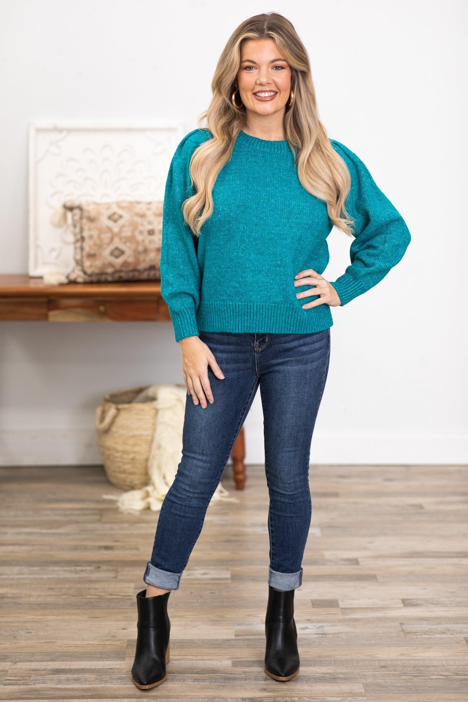 Teal Melange Puff Sleeve Sweater Product Image