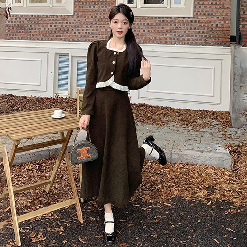 Set: Long-Sleeve Square Neck Corduroy Crop Blouse + High Rise Maxi A-Line Skirt Product Image