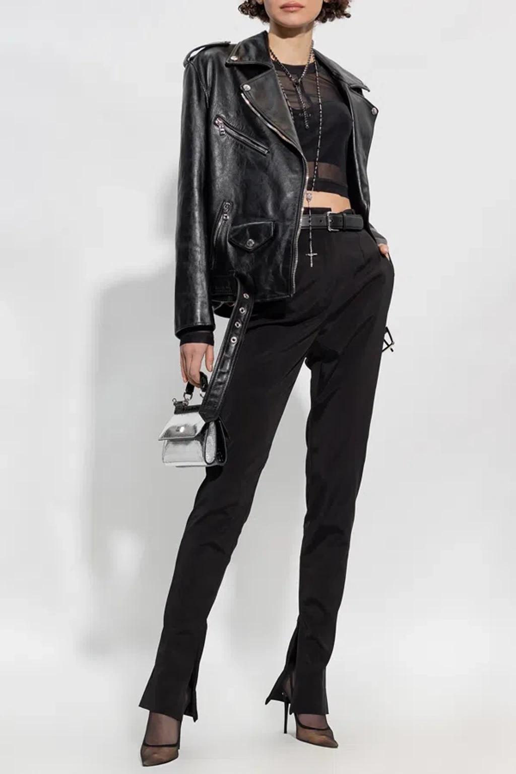 Zipped Leather Biker Jacket In Black product image