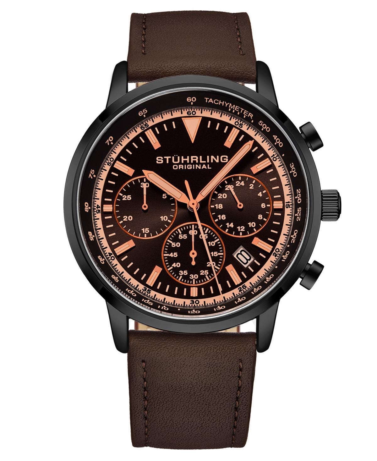 Mens Chrono Dark Brown Genuine Leather Strap Watch 44mm Product Image