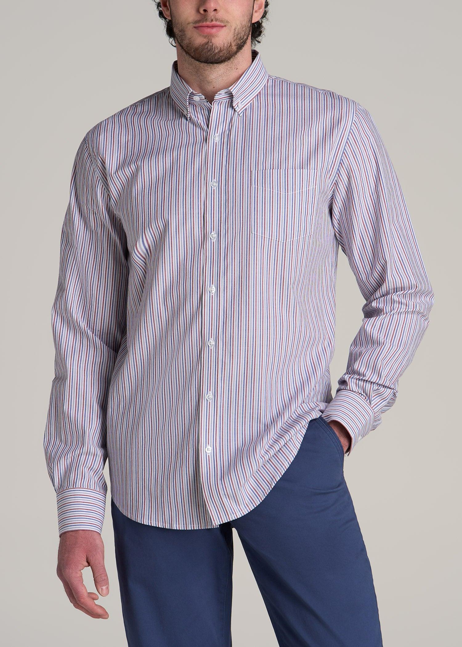 Soft-Wash Button-Up Shirt for Tall Men in Red and Blue Multi Stripe product image