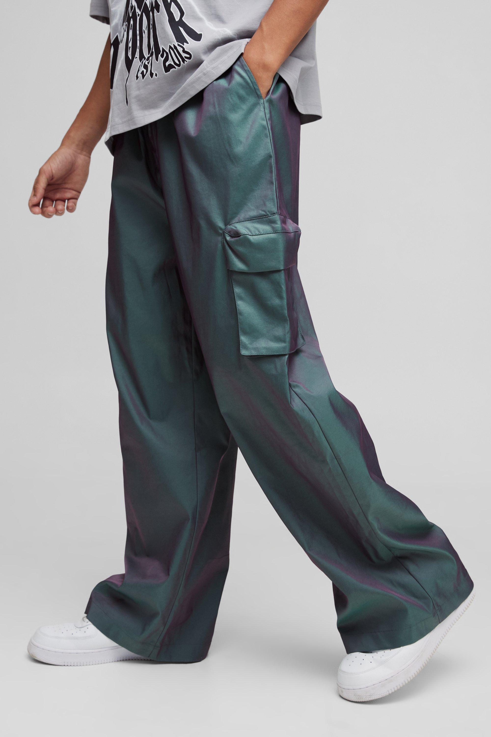 Elasticated Waist Relaxed Iridescent Cargo Trousers | boohooMAN USA Product Image