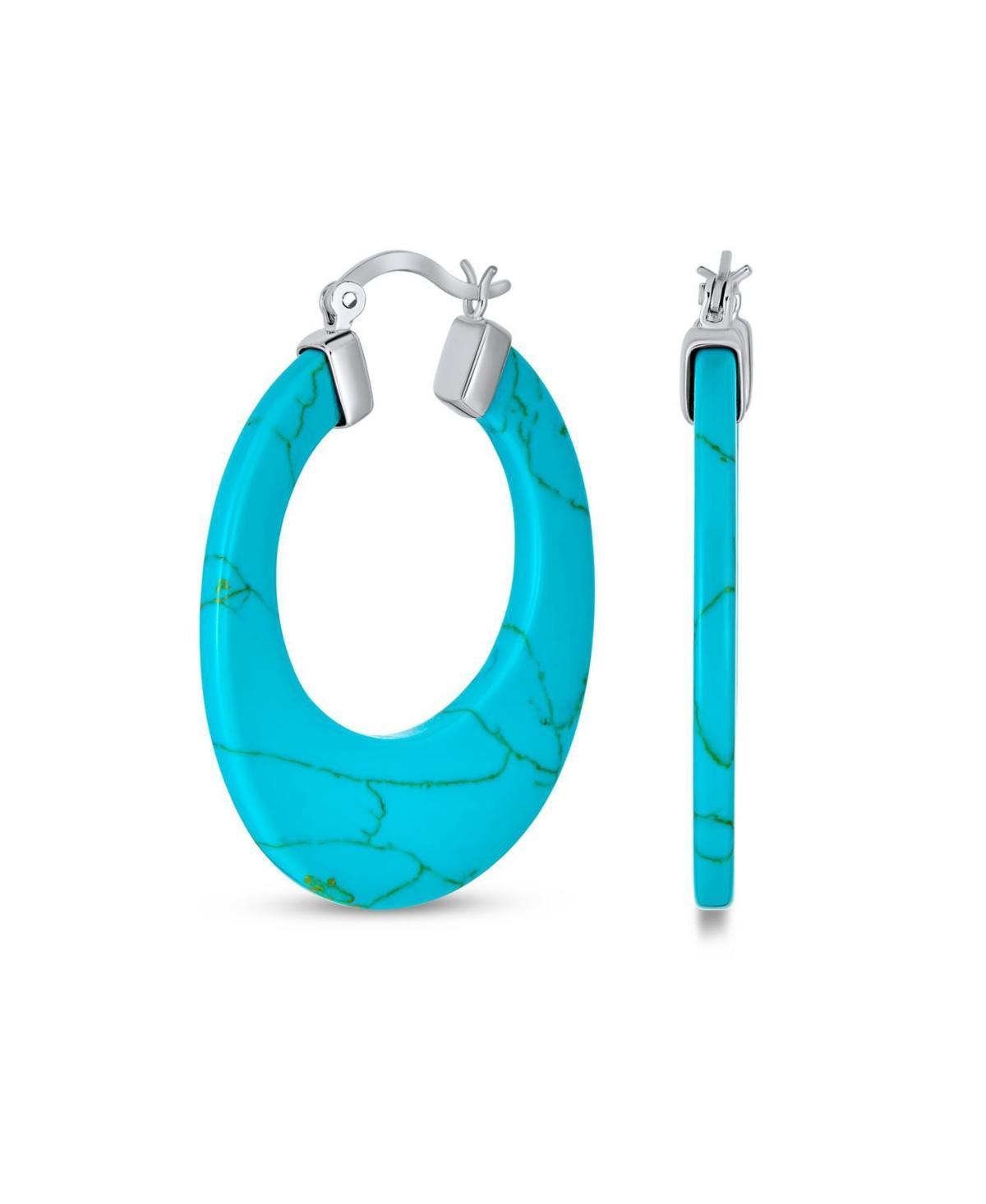 Bling Jewelry Wide Flat Gemstone Large Oval Hoop Earrings For Women Teen .925 Sterling Silver More Colors 1.5 Diameter - Blue turquois Product Image