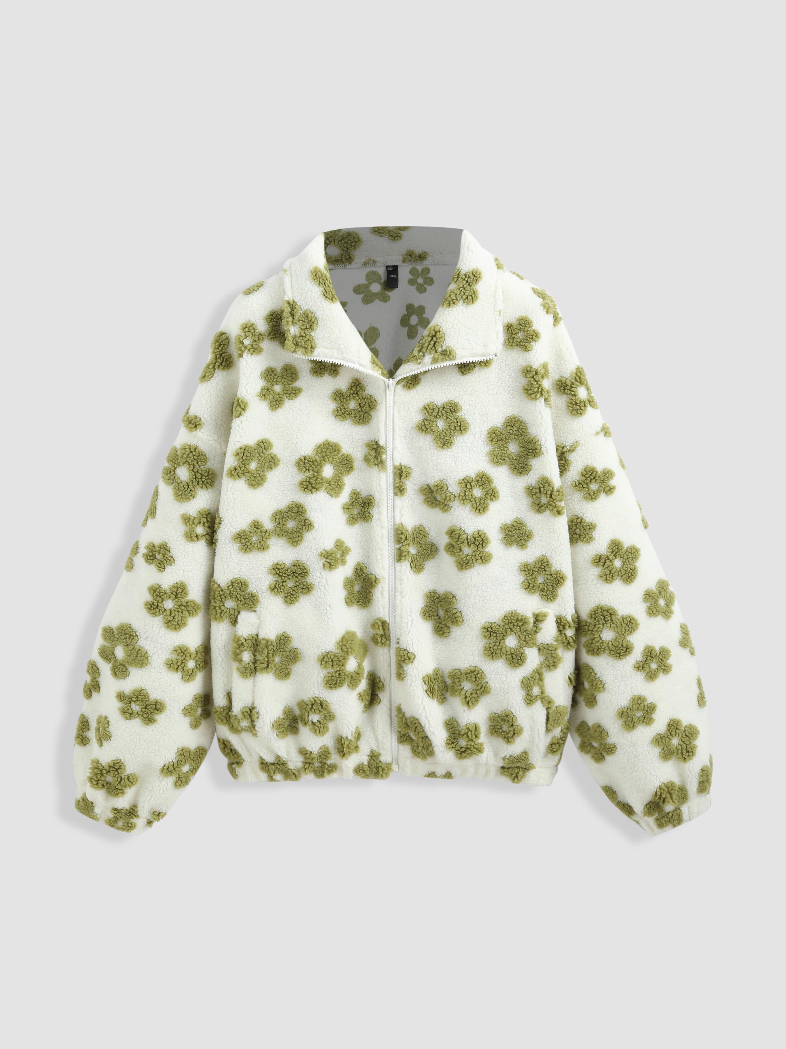 Fleece Collar Floral Zipper Jacket Product Image