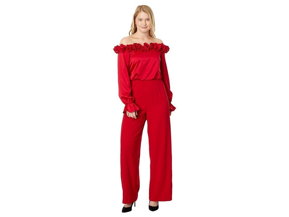 Adrianna Papell Satin Crepe Off the Shoulder Rosette Jumpsuit (Hot Ruby) Women's Jumpsuit & Rompers One Piece Product Image