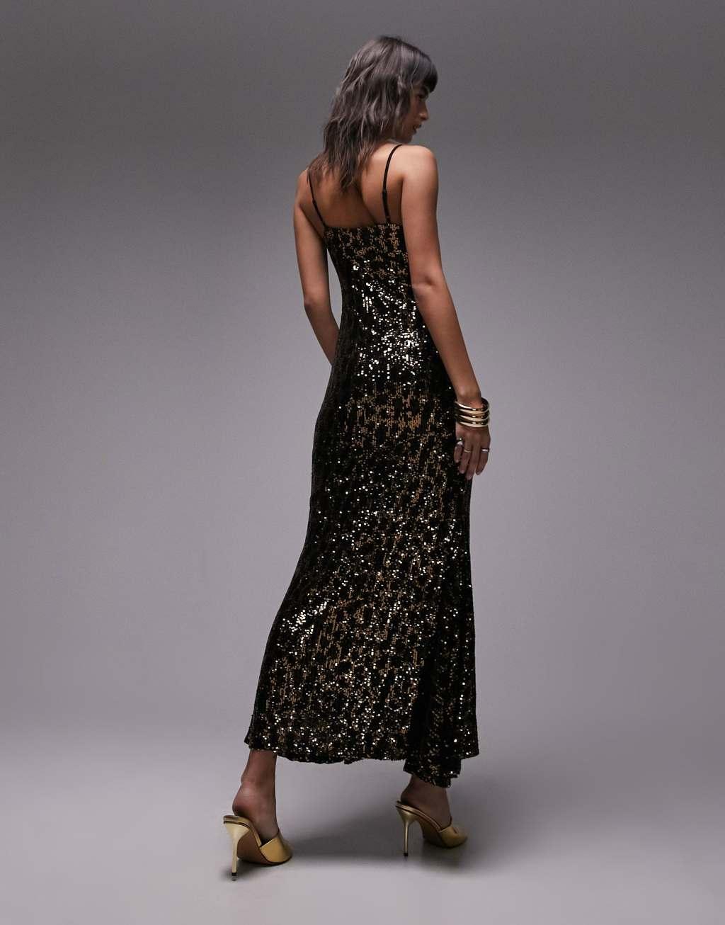 Topshop animal sequin maxi dress in black and gold Product Image