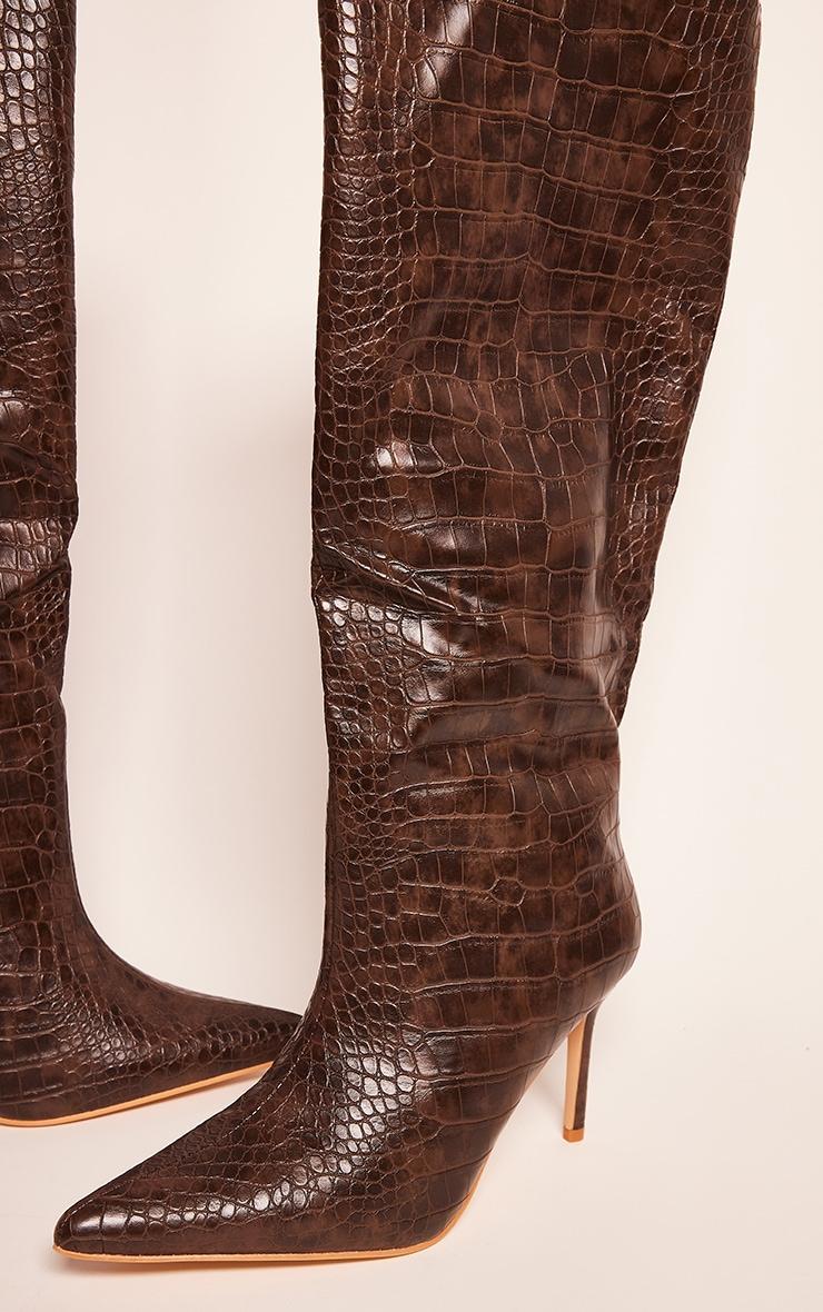 Chocolate PU Croc Detail Point Toe Stiletto Heeled Knee Boots Product Image