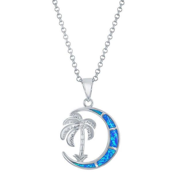 Sterling Silver Lab-Created Blue Opal Palm Tree & Moon Necklace, Womens Product Image