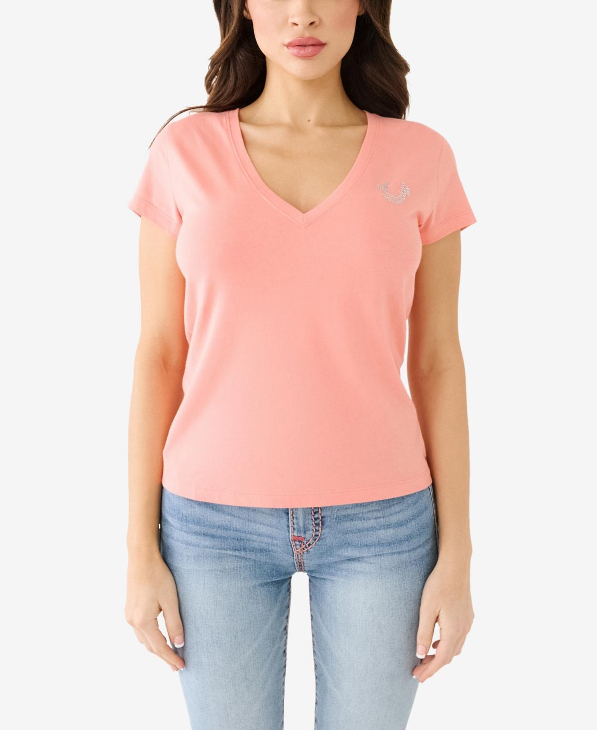 True Religion Womens Shorts Sleeve Ombre Crystal Horseshoe V-neck T-shirt Product Image