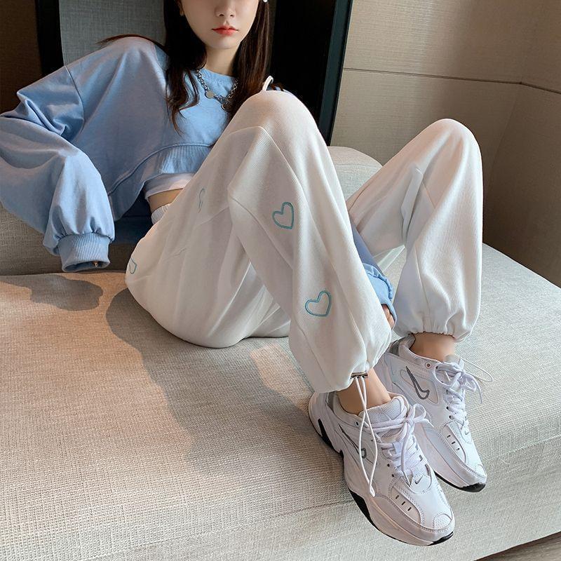 High Waist Heart Embroidered Drawstring Sweatpants Product Image