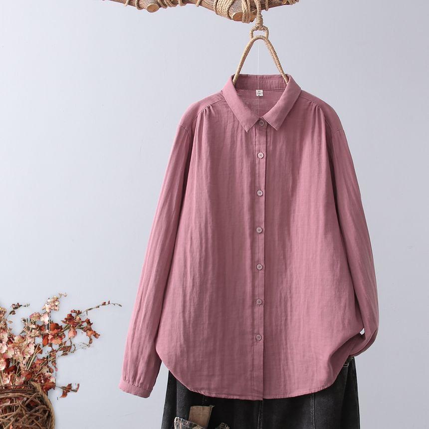 Long Sleeve Lapel Neck Plain Linen Shirt Product Image