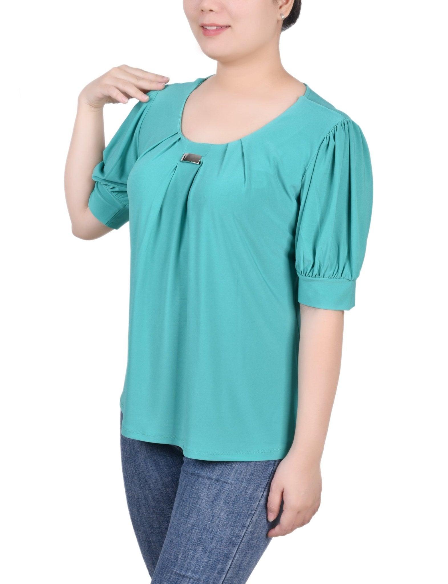 Short Sleeve Balloon Sleeve Top With Hardware - Petite Product Image