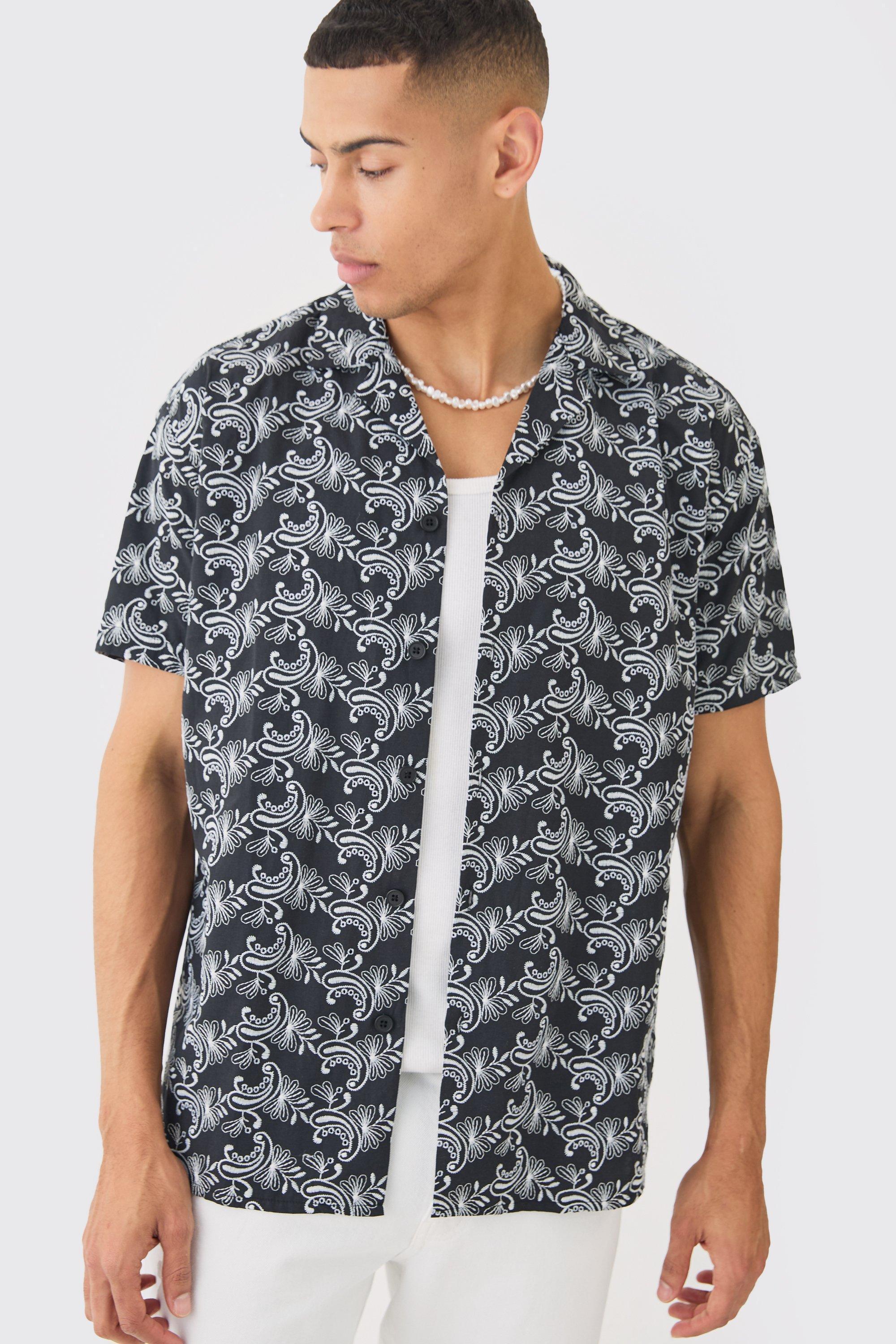 Mens Black Oversized Embroidered Geo Shirt, Black Product Image