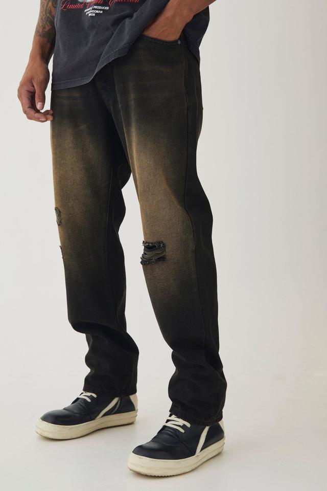 Straight Leg Rigid Ripped Knee Brown Tinted Jeans | boohooMAN USA Product Image