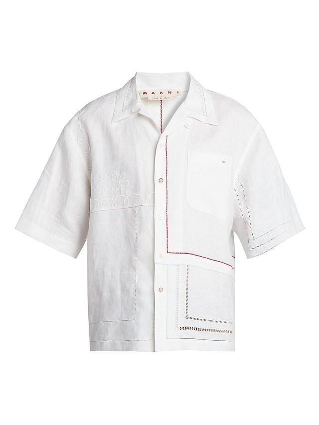 Mens Embroidered Linen Bowling Shirt Product Image