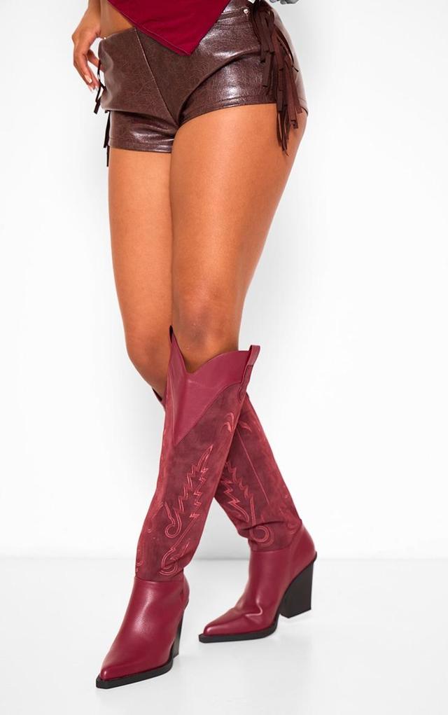 Burgundy Faux Suede Point Toe Knee High Stitch Detail Block Heel Western Boots Product Image