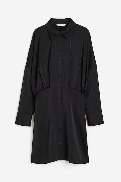 H & M - Satin Shirt Dress - Black Product Image