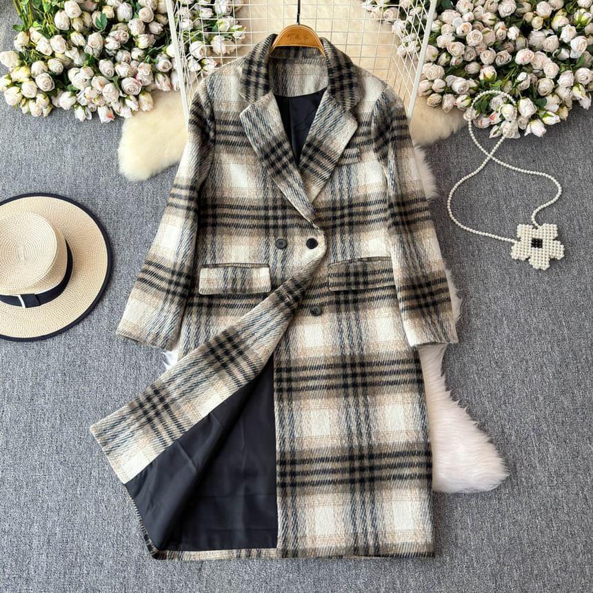 Double Breasted Plaid Long Coat Product Image