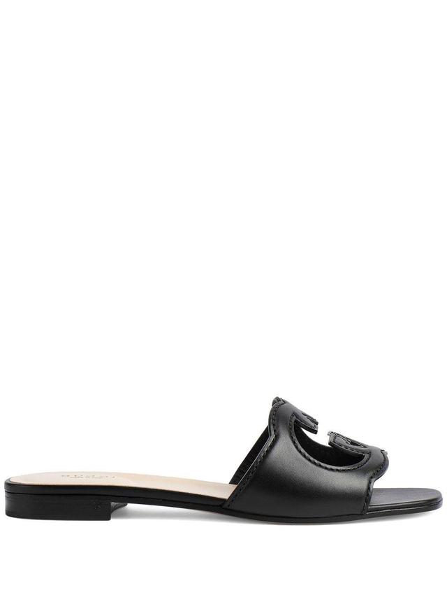 Gg Cut-out Leather Flat Sandals In Black Product Image