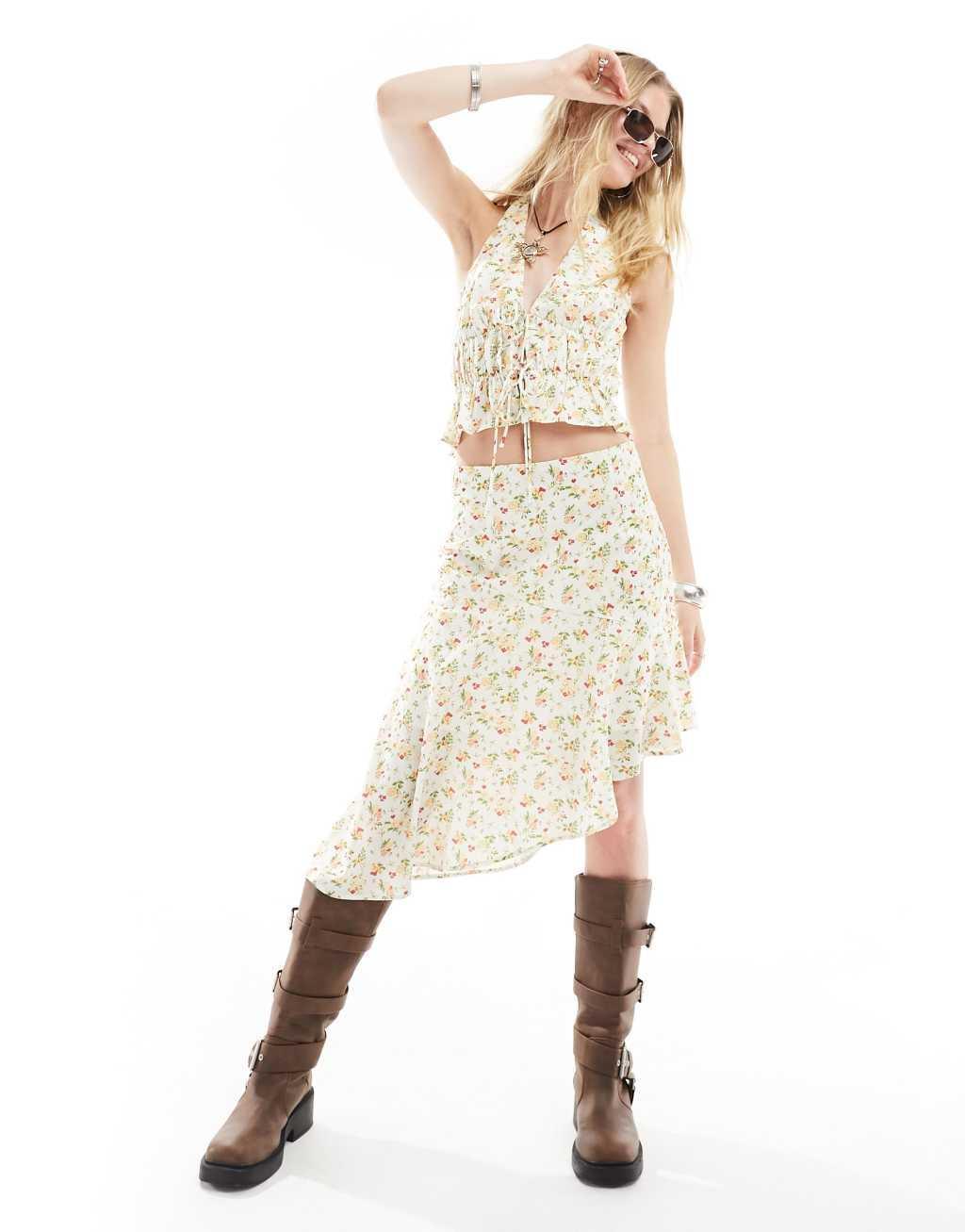 Kiss The Sky chintz floral asymmetric midi skirt in white - part of a set Product Image