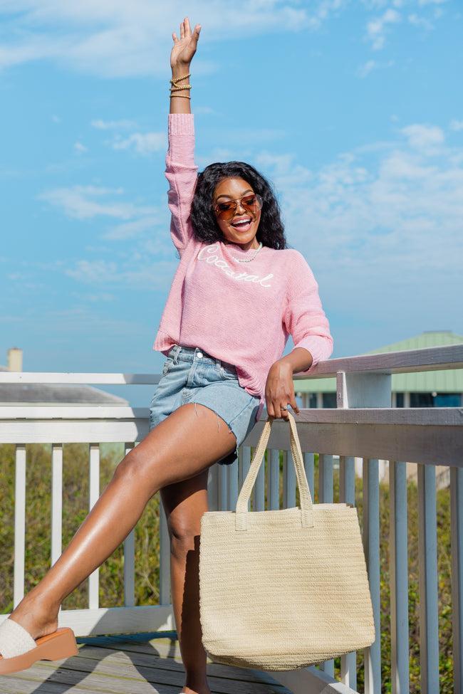 Off To The Beach Pink Coastal Script Sweater Product Image