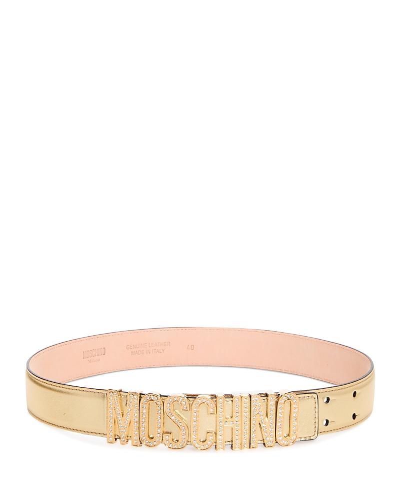 Moschino Womens Crystal Logo Buckle Leather Belt Product Image