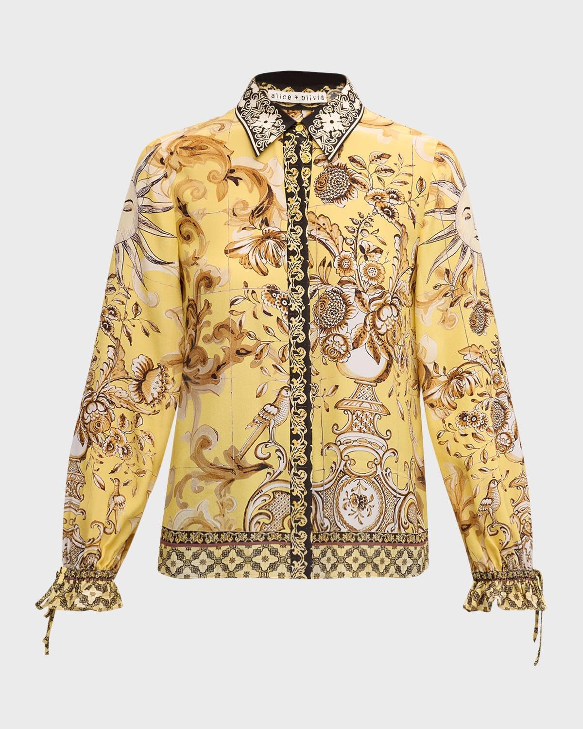 ALICE AND OLIVIA Willa Printed Crepe Tie-sleeve Blouse In Lisboa Lemon Meringue Product Image