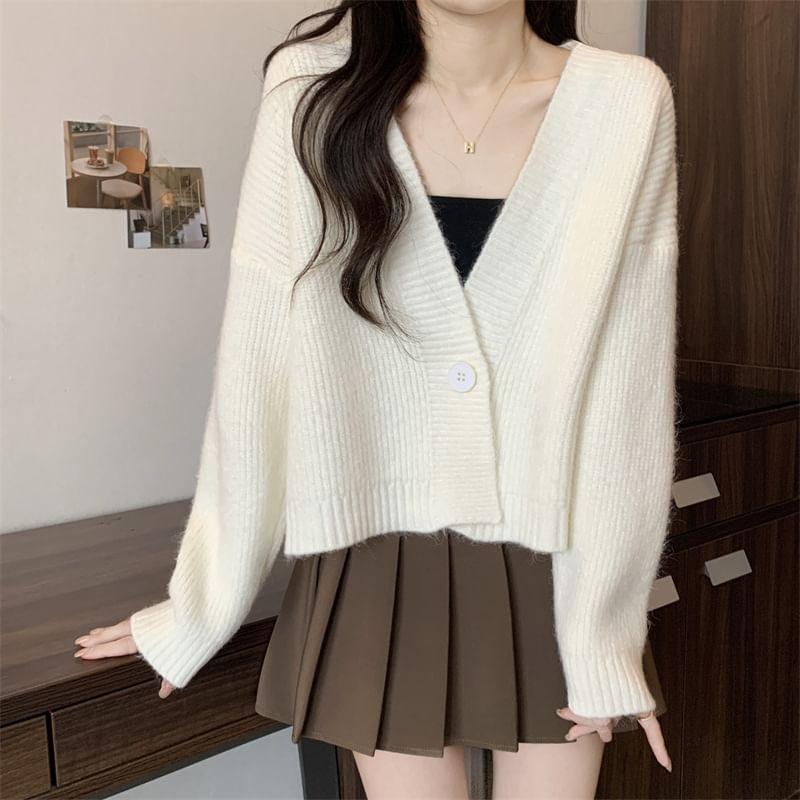 V-Neck Plain Ribbed Single-Button Cardigan product image