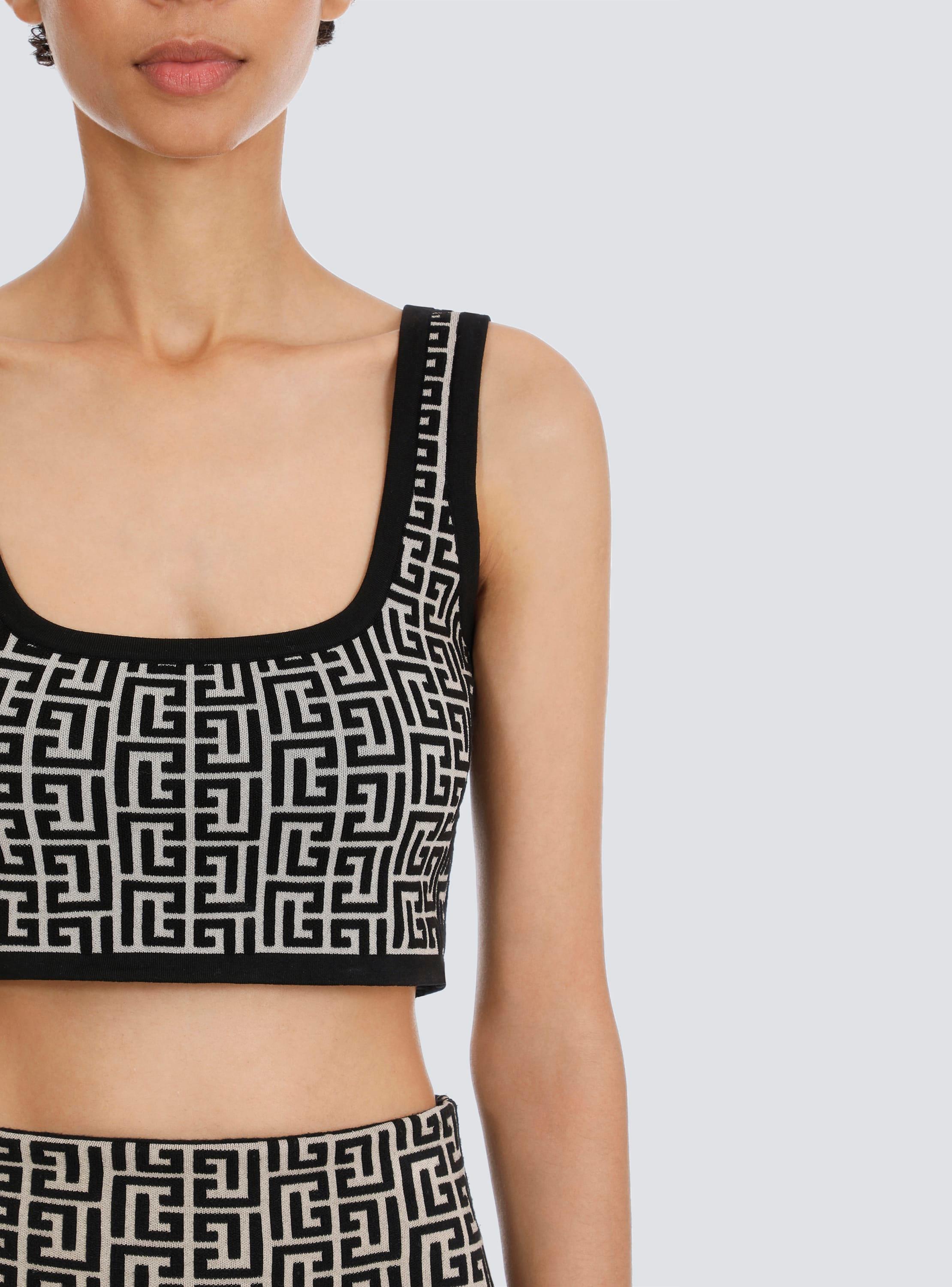 Cropped bicolor jacquard sports bra top with Balmain monogram Product Image