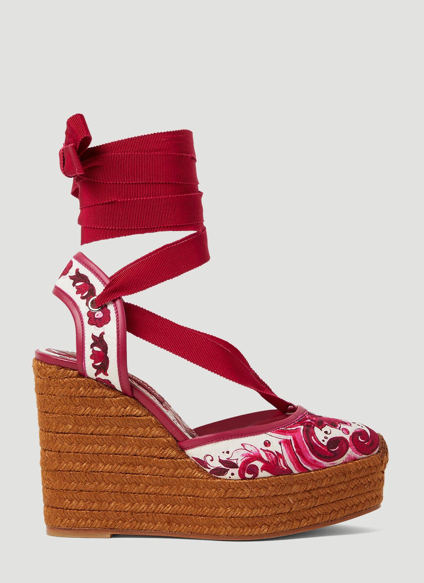 Printed Brocade Wedge Sandals In Red Product Image