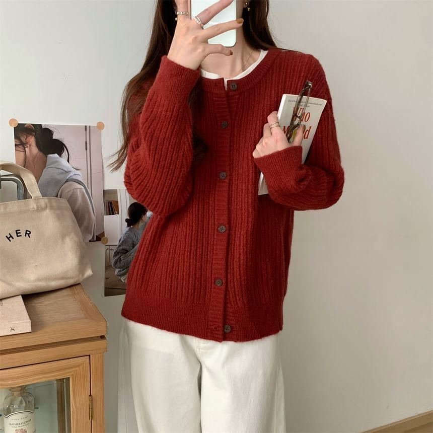 Mock Two-Piece Crewneck Button-Up Cardigan Product Image