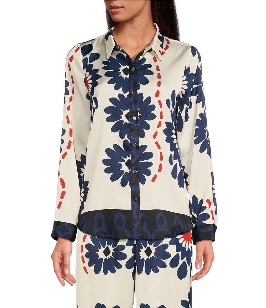 Skies Are Blue Printed Collar Neck Button Down Coordinating Long Sleeve Top Product Image