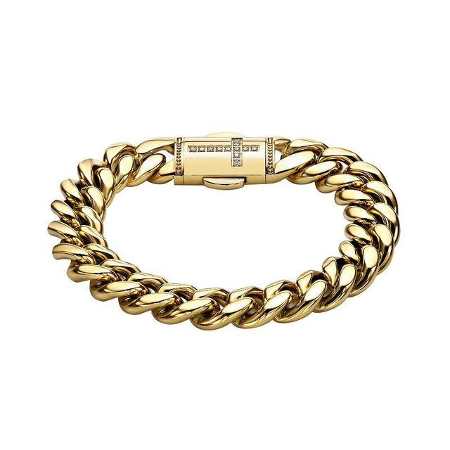 LYNX Mens Gold Tone Ion-Plated Stainless Steel Cubic Zirconia Cross 12 mm Curb Chain Bracelet Product Image