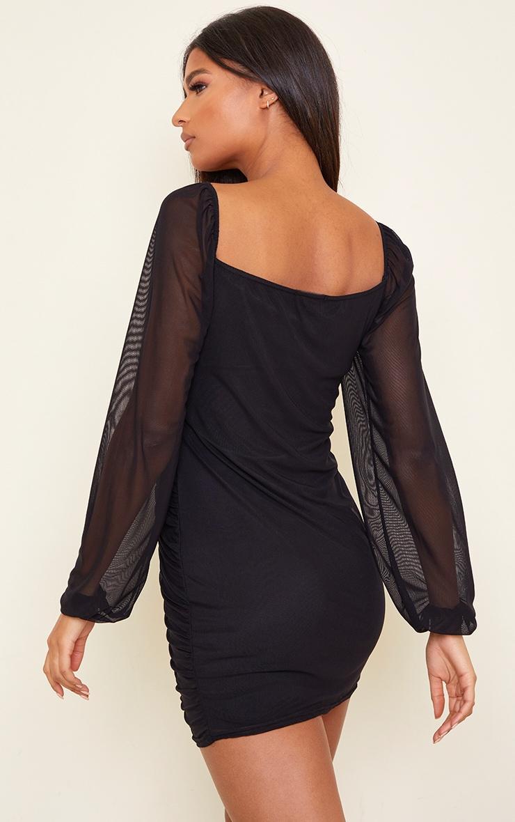 Black Mesh Double Ruched Long Sleeve Bodycon Dress Product Image