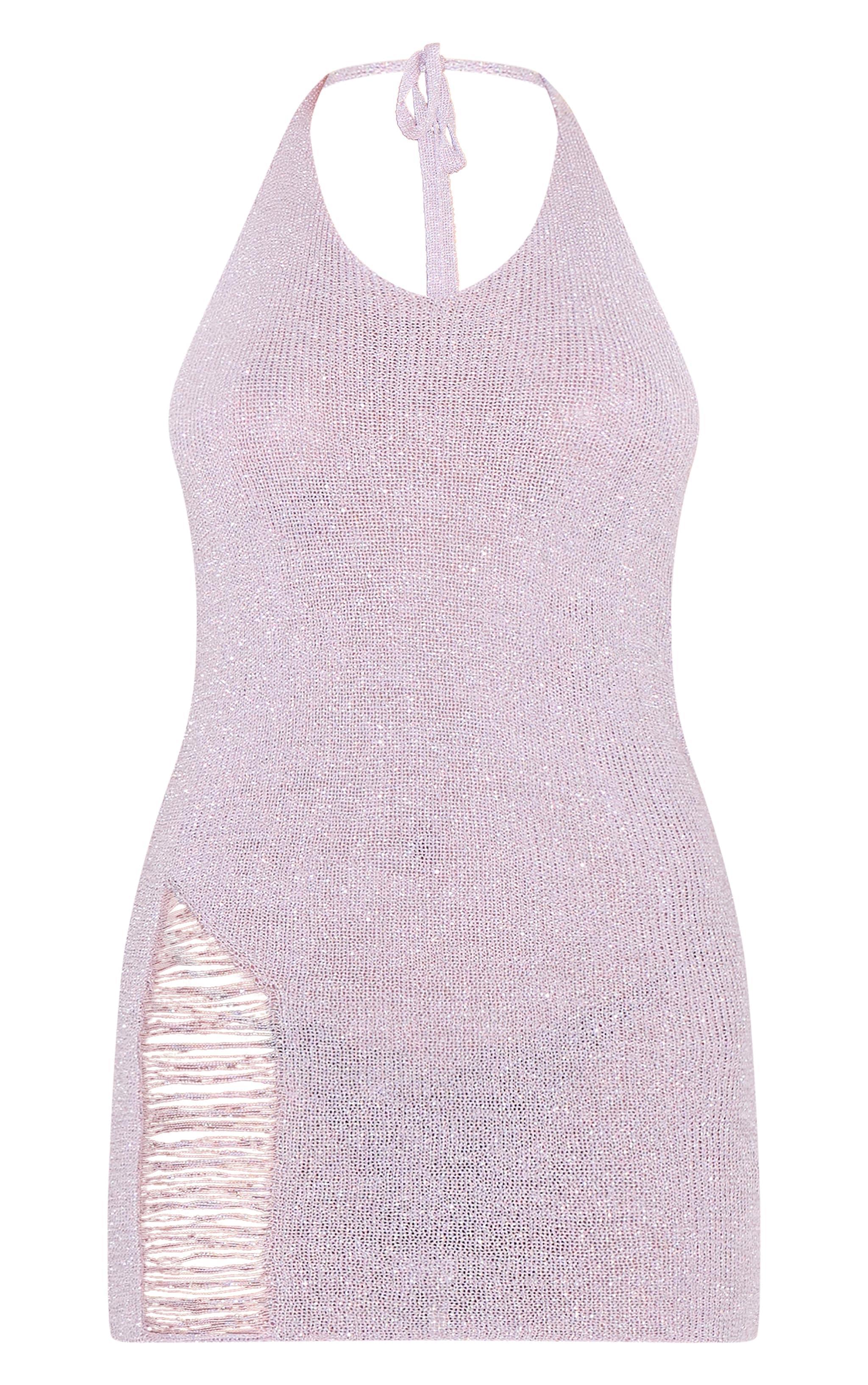 Lilac Glitter Knit Distressed Ladder Halterneck Mini Dress Product Image