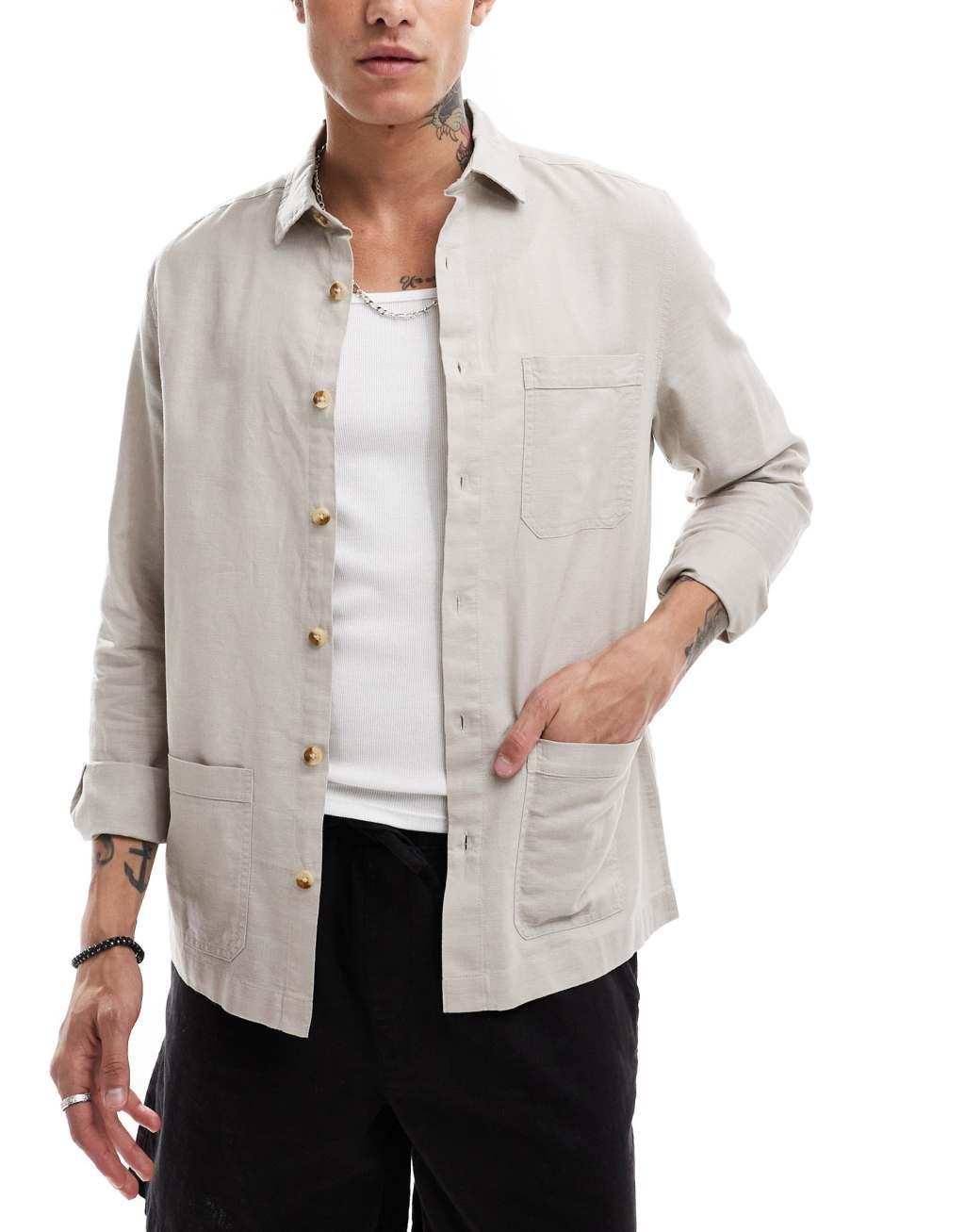 ASOS DESIGN linen blend overshirt in stone Product Image