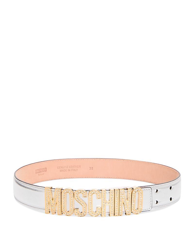 Moschino Womens Embellished Logo Charm Leather Belt Product Image