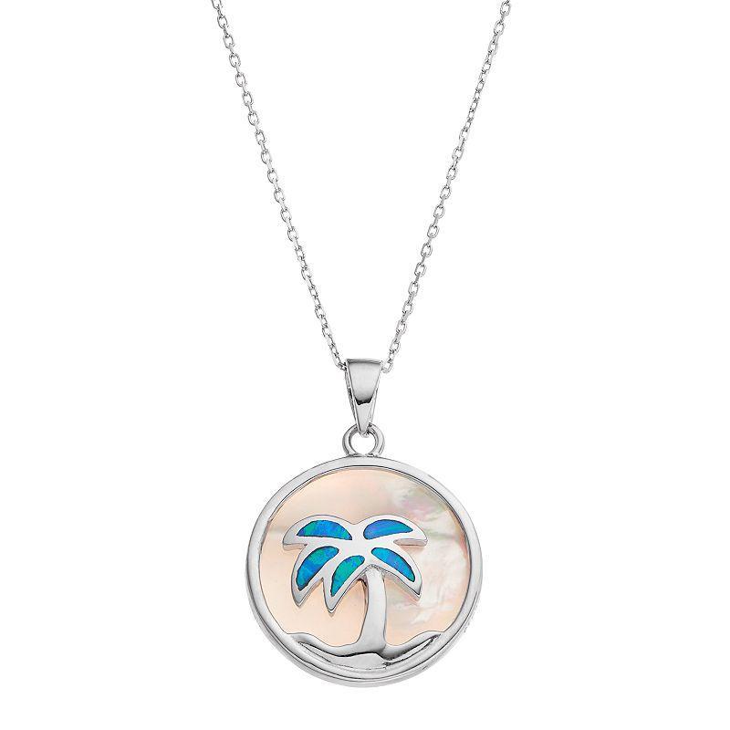 Sterling Silver Mother-of-Pearl & Lab-Created Blue Opal Palm Tree Disc Pendant, Womens Product Image