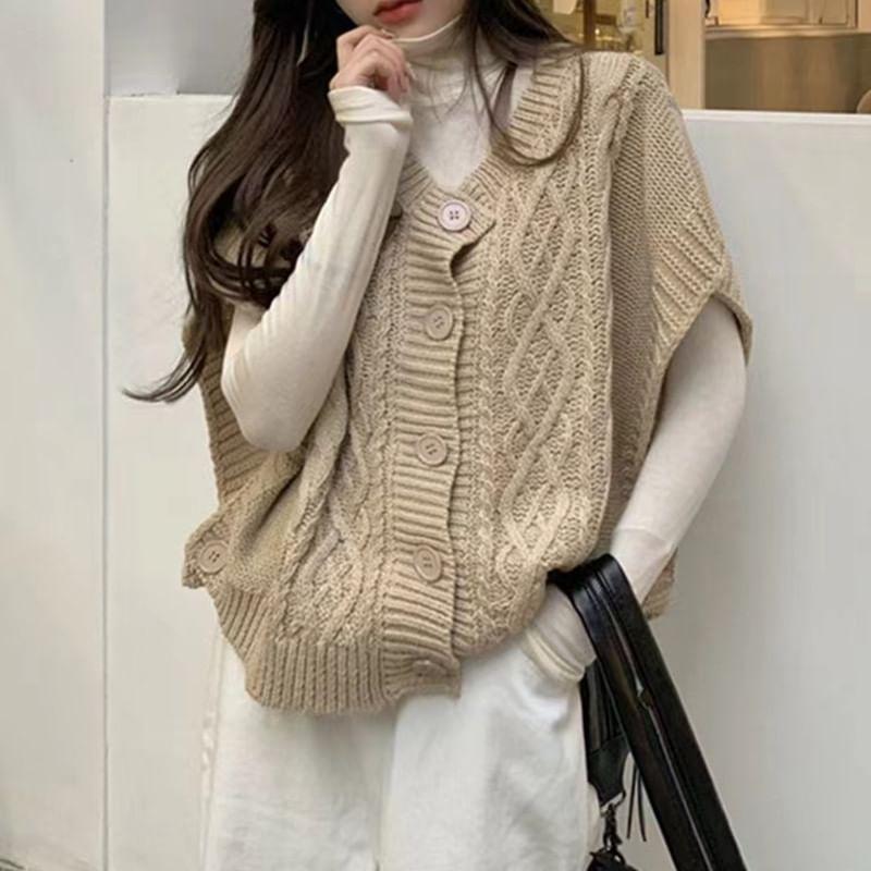 Short-Sleeve Plain Cable-Knit Cardigan Product Image