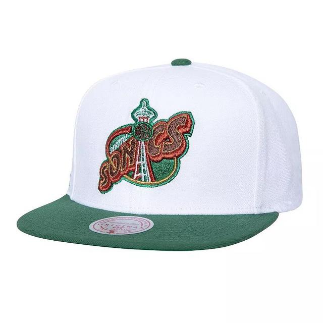 Mitchell & Ness Mens White Seattle Supersonics Hardwood Classics Soul Logo Shine 2-Tone Snapback Hat Product Image