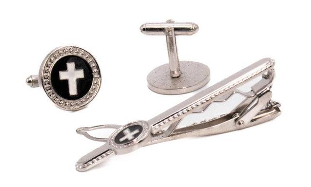 White Cross on Black Round Men's Accessory Box Cuff Links, Tie Clip 3 Piece Set Product Image