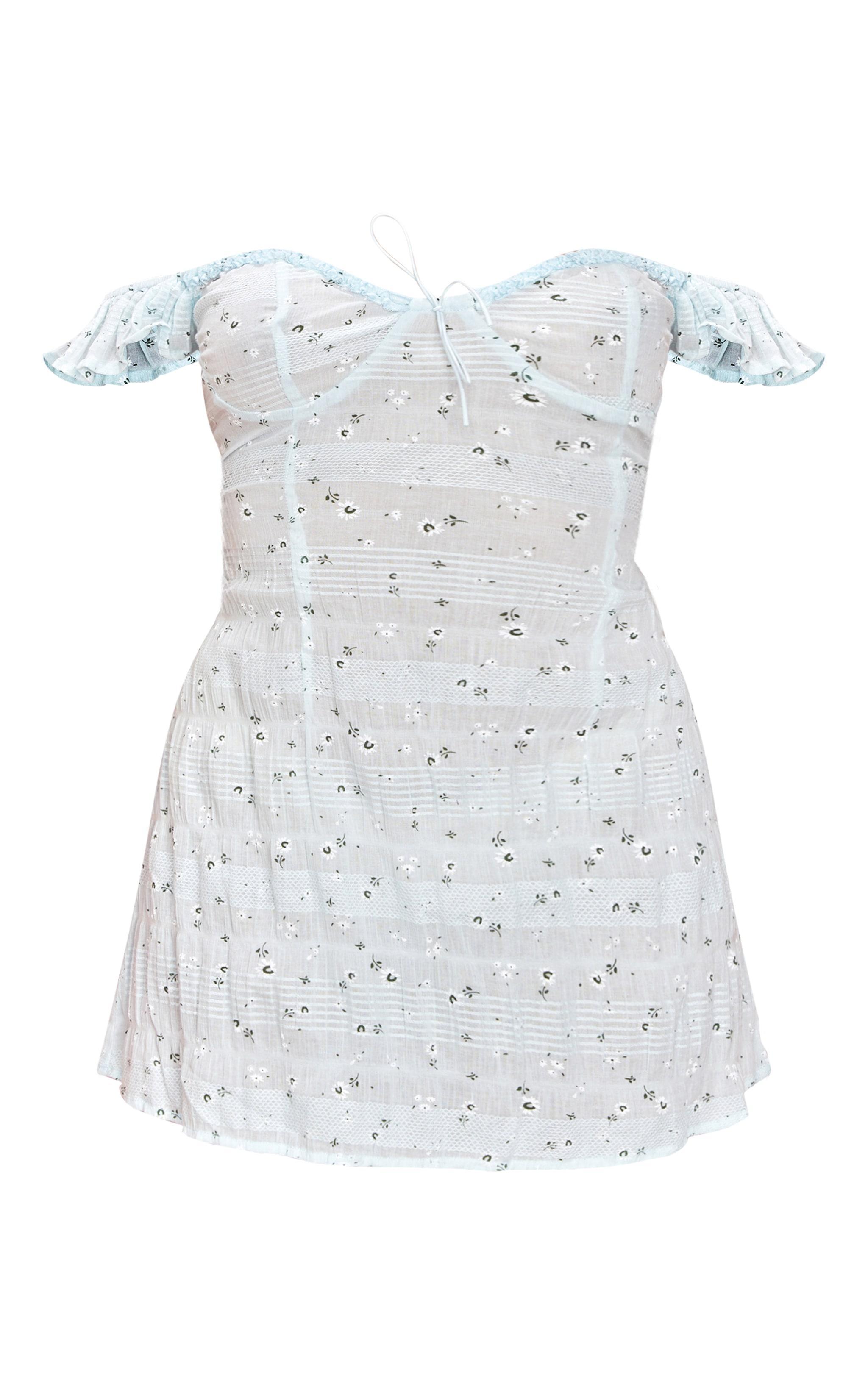 Blue Ditsy Floral Textured Bardot Shift Dress Product Image