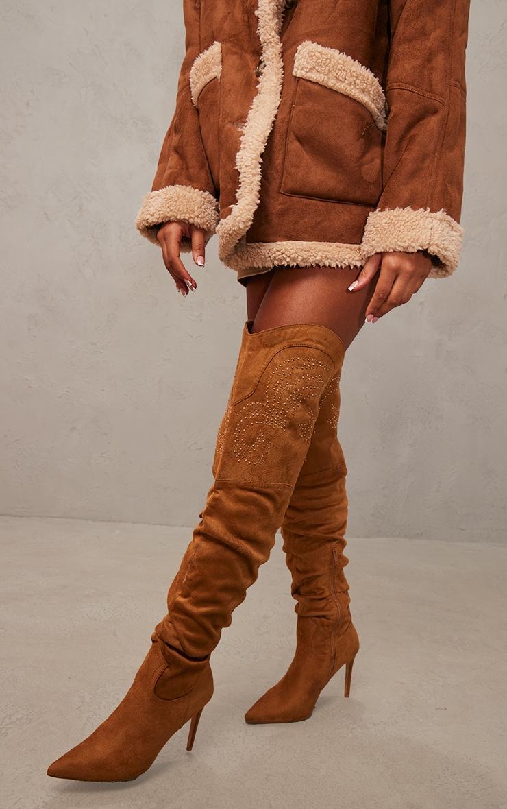 Camel Faux Suede Point Toe Studded Over The Knee Heeled Western Boots product image