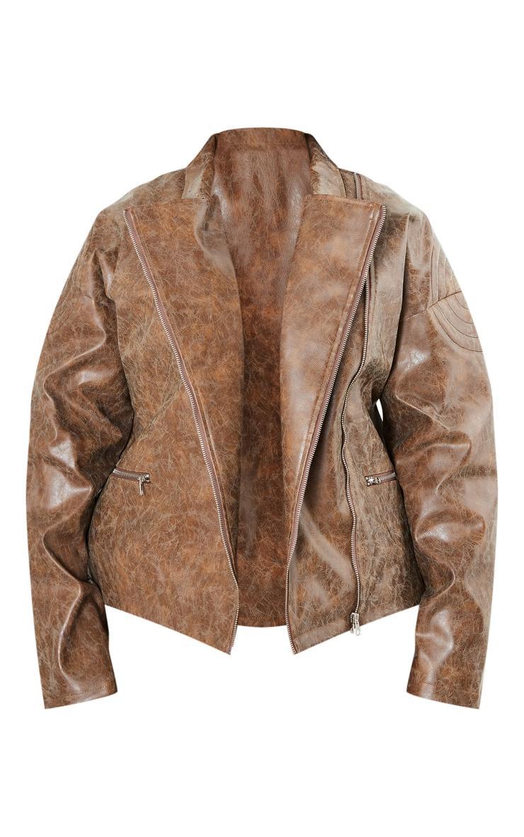 Plus Brown Oversized Faux Leather Distressed Look Biker Jacket Product Image