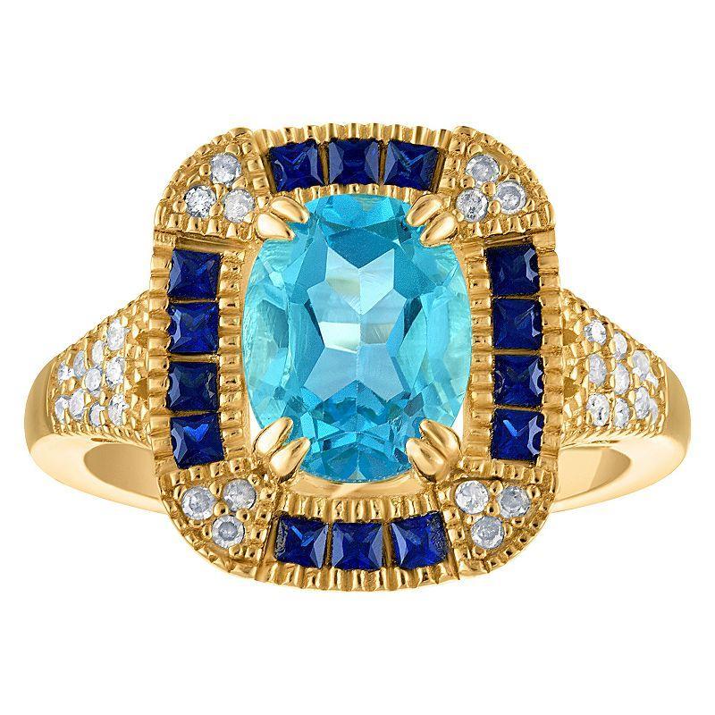 Tiara 14k Gold Plated Sterling Silver Blue Topaz & 1/6 Carat T.W. Diamond Ring, Womens Gold Tone Product Image