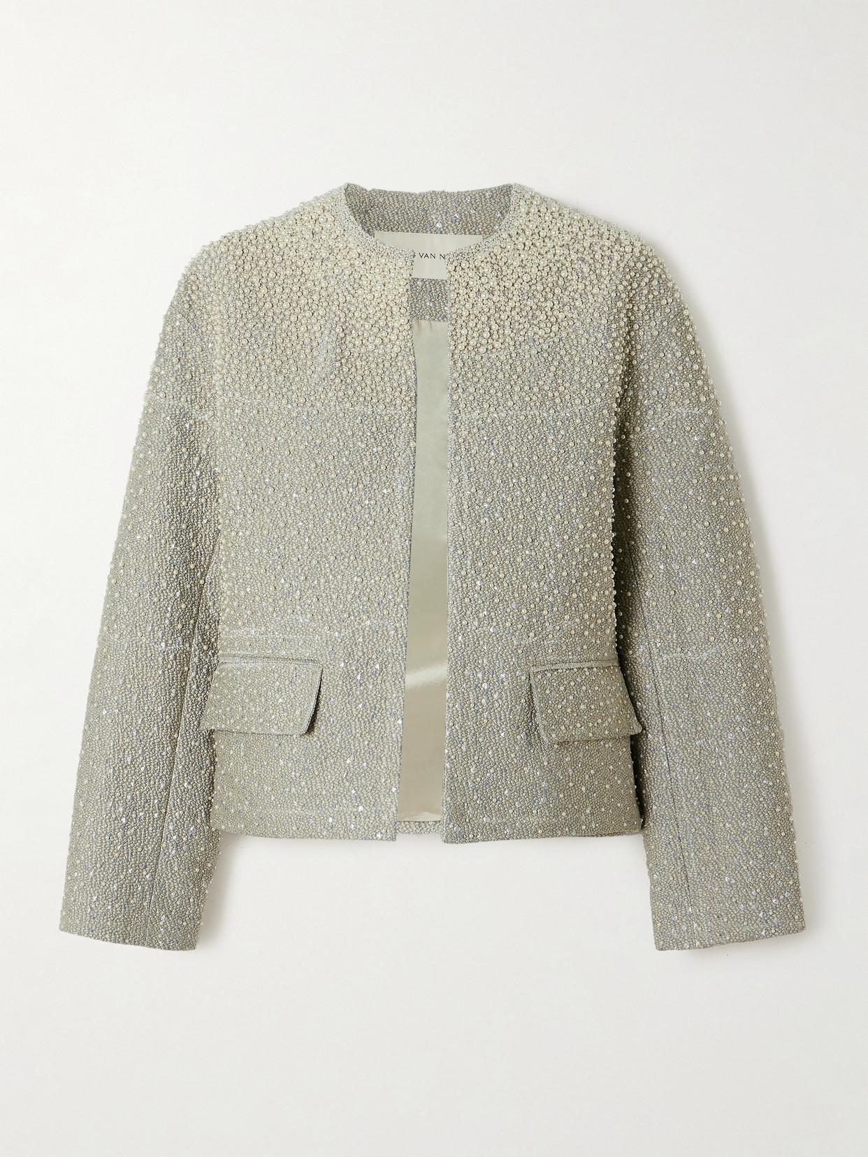 Faux Pearl-embellished Metallic Tweed Jacket In Silver Product Image