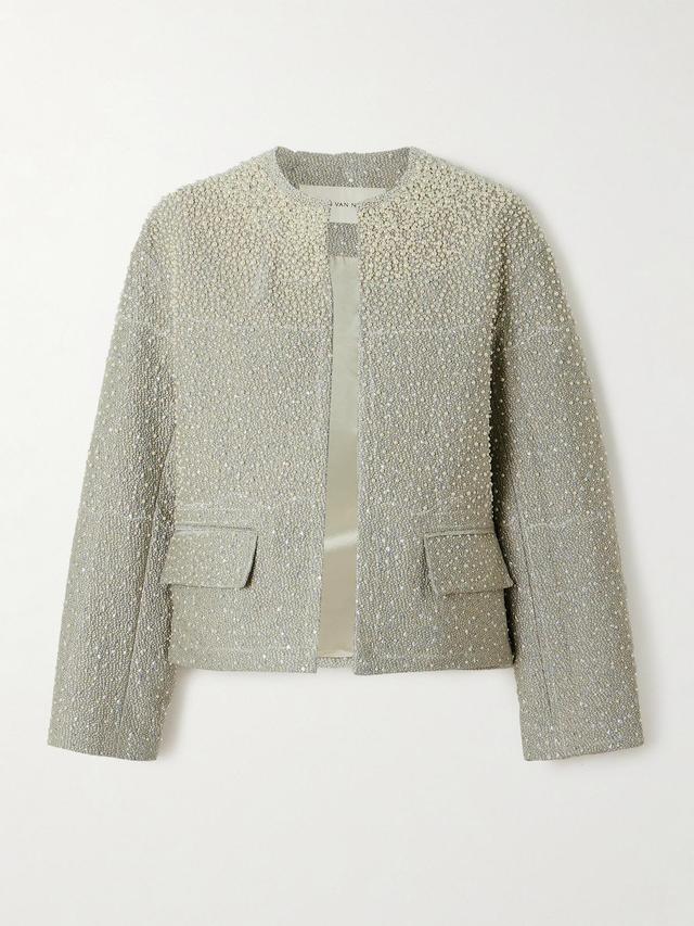 Faux Pearl-embellished Metallic Tweed Jacket In Silver Product Image